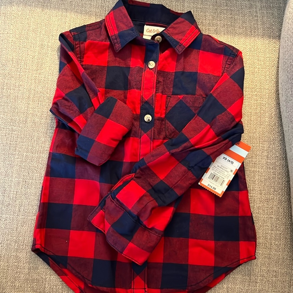 Cat & Jack Girl’s Plaid Tunic Top with roll up sleeves Size: XS 4-5